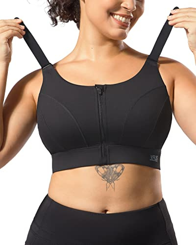 VFUS Adjustable High Impact Sports Bras for Women Zip Front Full Coverage and Lift Padded Compression Tops (Large, Black)