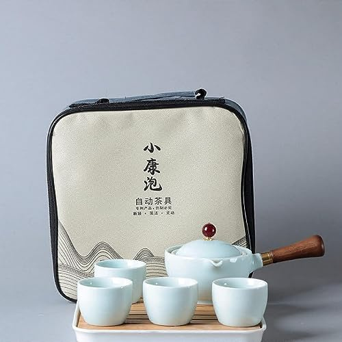 Scizorito Juego de té de viaje portátil de cerámica, juego de té kungfu chino con tetera de rotación de 360°, infusor, 4 tazas de té, bandeja de té y bolsa de viaje (jadeíta)