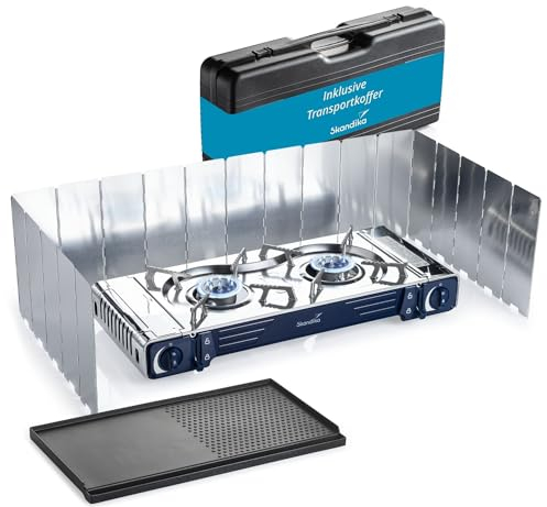 Skandika Gaskocher Brann | 2-flammig im Set, robuster Campingkocher für Gaskartuschen MSF-1A 227 g, Edelstahl, stufenlos regulierbar, Piezo-Anzünder, Kunststoff-Koffer | Camping Grill