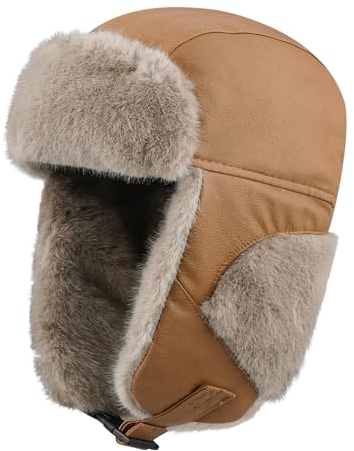 Clakllie Winter Trapper Bomber Mütze Hüte Fellmütze Pelzmütze Unisex Pilotenmütze Fliegermütze Wintermütze Frauen Leder Ushanka Russland Russen Hut Schneekappen Trappermütze mit Ohrenklappe Camel