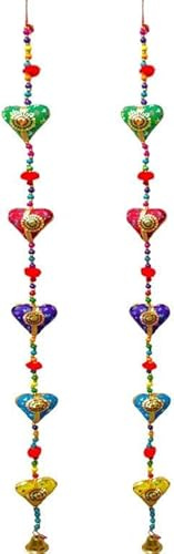 A1SONIC® Handicrtafts - Cuore decorativo da appendere alla porta, in cotone dai colori vivaci, con perline e campanella, decorazione tradizionale indiana da appendere (1)