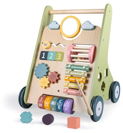 LOL-FUN Wooden Baby Walker with Wheels, Baby Walker for Boys 12 Months Push Toy, Montessori Walking Toys for 1 Year Old Activity Center