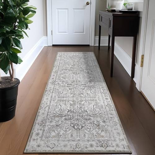 TOPICK Läufer 60x180cm Braun Teppich Vintage Faltbar Dünner Waschbar Teppichläufer Blumendruck Rutschfester Leichter Küche Badezimmer Eingangsmatte