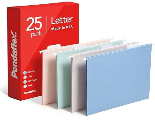 Pendaflex Hanging File Folders, 25 Pack, Letter Size (8.5 x 11), Assorted Colors: Khaki, Peach, Light Blue, Light Green, 5 Tab Positions, Reinforced, Includes Tabs and Inserts, Durable Hanging Files