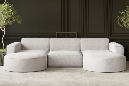 Kaiser Möbel - Ecksofa mit Wohnlandschaft, Sofa U-Form, Polstersofa, Bequemes Couch mit Ottomanen für Wohnzimmer, Relaxsofa, Bigsofa, Lounge-Set U Form, Verita Stoff, Modena U Studio, Beige