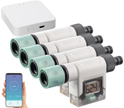 Royal Gardineer Garten-Wasser-Zähler: 4er-Set smarte Wasserzähler für Gartenschlauch, mit WLAN-Gateway & App (Wasserverbrauch-Messgeräte, WLAN-Gateway mit Mesh, Bluetooth, Waschmaschine)