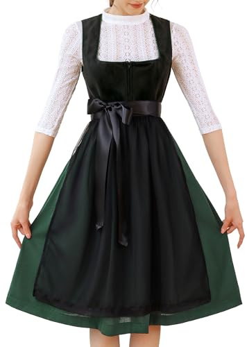 EIISSION Dirndl Damen midi Lang Dirndl Schwarz Trachtenkleid Trachtenrock Dirndl-Komplettsets Trachtenmode Trachten Damen mit 3 Teilig Dirndl Schürze Dirndlbluse Oktoberfest Dresses Dirndlkleid