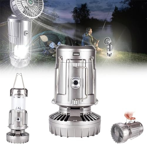 2-in-1 Outdoor Adventure Solar Light and Portable Fan,6 in 1 Portable Solar LED Camping Lantern,Solar Camping Lantern with Fan,Folding Lighting Strong Light,USB Rechargeable LED Lanterns (Silver)