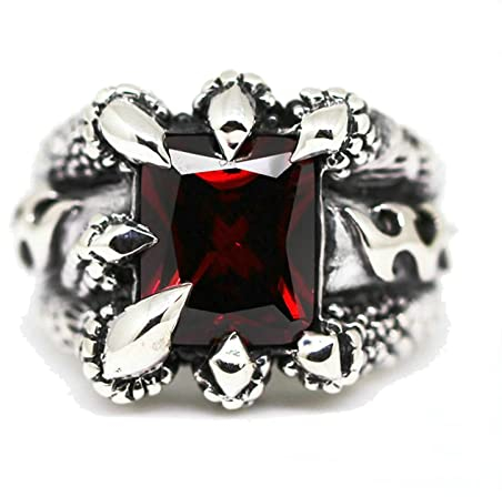 KnSam Ringe Sterling 925 Silber, Drache Klaue Form Ringe Verlobung Ringe für Herren, Band Ring mit Zirkonia Rot Quadrat Form, Gr.60 (19.1), Echtschmuck