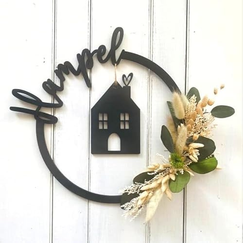Türkranz mit Trockenblumen, Holzhaus personalisiert Home personalisierte Deko Wand Einzug, Türschild Familie, Geburtstagsgeschenk Hochzeit