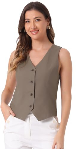 Allegra K Gilet in lino da donna, alla moda, senza maniche, con bottoni, scollo a V, top estivo, Caff, XL