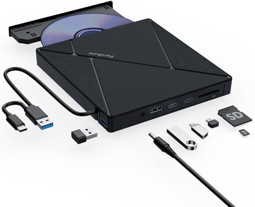 PeroBuno External CD DVD Drive, USB 3.0 Optical Disc Drive, 4 USB Ports and 2 TF/SD Card Slots, CD DVD Burner Writer Reader Player for Laptop MacBook iMac Desktop PC Windows 11/10/8/7/XP Linux Mac OS