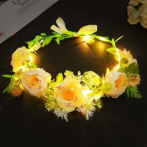 Edary LED Blumenkranz Krone Stirnband Leuchtend Braut Haarband Verstellbarer Floral Girlande Haarschmuck Festival Hochzeit für Damen (Champagner)