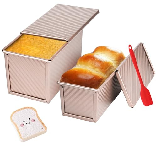 CFGUK 2 Pack Pullman Loaf Pan with Lid, 1 lb/0.5 lb Dough Capacity for Homemade Bread, Non-stick Corrugated Carbon Steel Bread Toast Box with Cover for Bakeware, Sandwich & Toast Oven Baking, Gold