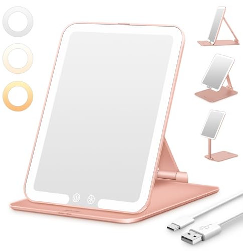Auxmir Rechargeable Makeup Vanity Mirror, Portable Travel Mirror, 3 Color Lighting, Dimming Touch Screen, Folding Rotating Lighted Beauty Mirror with Stand for Home, Travel(Rose Gold)