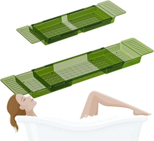 Suixtil Ausziehbare Badewannenablage, transparente Badewannenablage kann frei ausgezogen Werden, großes Fassungsvermögen, schnelles Ablaufen, geeignet für Bäder und Küchen(Grün)
