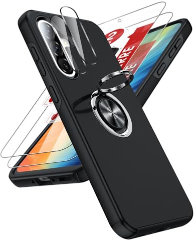 LeYi Funda para Samsung Galaxy A56/A 56 5G 5 G Movil Carcasa,2X Cristal Templado，2X De Lentede Protector Pantalla,Capa Anillo Giratorio 360 Ring Metal Cover,TPU Antigolpes Case,Negro