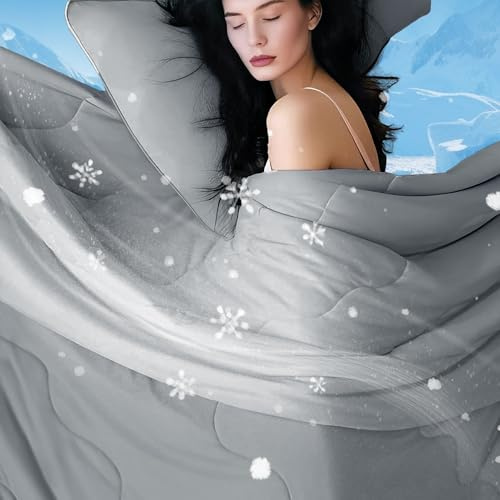 DOWNCOOL Cooling Comforter King Size, Grey Cooling Blanket for Hot Sleeper, Lightweight & Breathable Blanket for Night Sweats,Dual-Side Cooling Summer Bedding,104X90