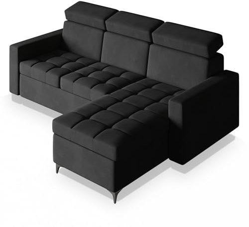 Masseno Ecksofa Kame mit Schlaffunktion L-Form, Sofa mit Bettkasten, Wohnzimmersofa, Couch, Soffa, Bettsofa, Couchgarnitur- Schwarz, Kronos 07