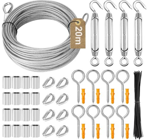 POFIBO Edelstahlseil 3mm - 20m Edelstahl Drahtseil Set, Spanndraht Seilspanngarnitur, Drahtseil mit ösen Rankhilfe Edelstahl Kit für Gardinenseil, Wäscheleinen, Kletterpflanzen,String Light Suspension