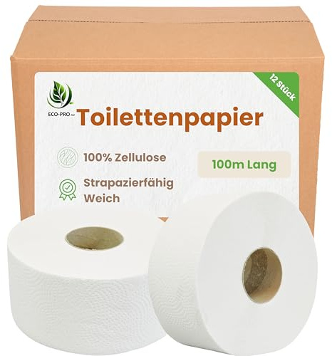 ECO - PRO PAP - Toilettenpapier 100 m Lang, Toiletten Papier aus 100% FSC Zellulose, Toilet Paper mit Pappkern, Weich, und Strapazierfähig WC Papier - 100 m (Packung mit 12 Stück)