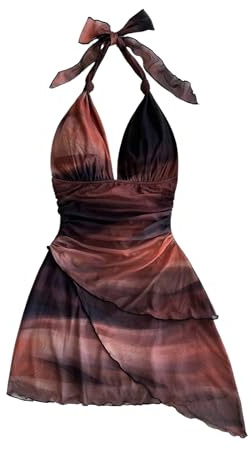 GORGLITTER Women's A Line Asymmetrical Layered Halter Tie Dress Ombre V Neck Ruched Mini Cocktail Dresses Brown Medium
