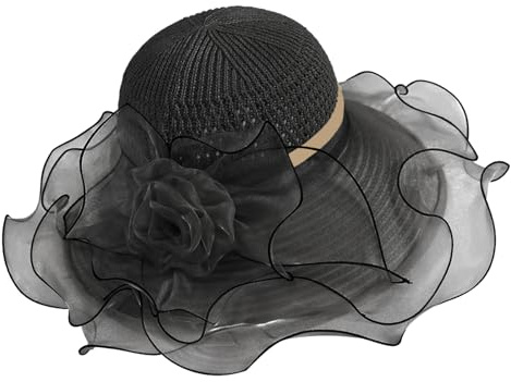 Elegante Damen Sonnenhut breiter Krempe, UV-Schutz Sommerhut Strandhut Organza Blume Strohhüte, Derby Tea Party Hut Braut Hochzeit Fascinator, UV Schutz Kappe ideal für Strand, Park und Outdoor