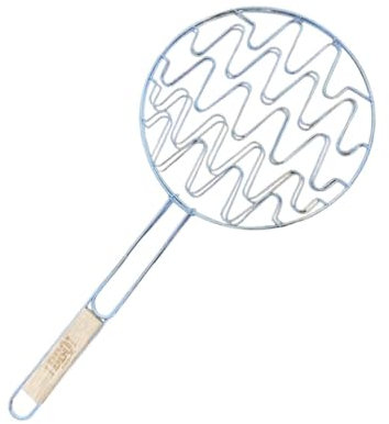 Doppia griglia rotonda 30 cm in acciaio cromato con manico in legno, accessorio per barbecue, pratico e resistente