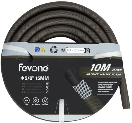 Fevone Manguera de jardín de 10 m, 5/8 pulgadas (15 mm), tubos de manguera para jardín, 3ly, 25 bar, muy resistente, portátil, exterior, compresor de manguera, flexible, resistente, con protección
