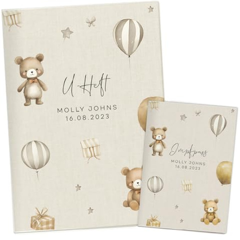 NORDEULE® U-Hefthülle mit Zusatzfach und Impfasshülle Set personalisierbar mit Name Datum in Beige | Schutzhülle mit Aquarell Bären Luftballons (Molly Beige, U-Heft m. Zusatzfach & Impfpasshülle)