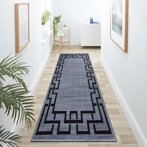 Hafaa Grey Runner Rugs for Hallway Non-Slip Greek Key Style Carpet for living room 60 x 220 cm Runner – Printed Carpets Runner for Lounge Office Bedroom (Nico)