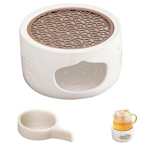 Stövchen für Teekanne, Keramik Teewärmer mit Teelichthalter Korkmatte Porzellan Teestövchen Ø12cm Weiß, Hohl Geschnitzt Teekannenwärmer für Tee Kaffee Milch Warmhalteplatte für Teelicht (Kirschblüten)
