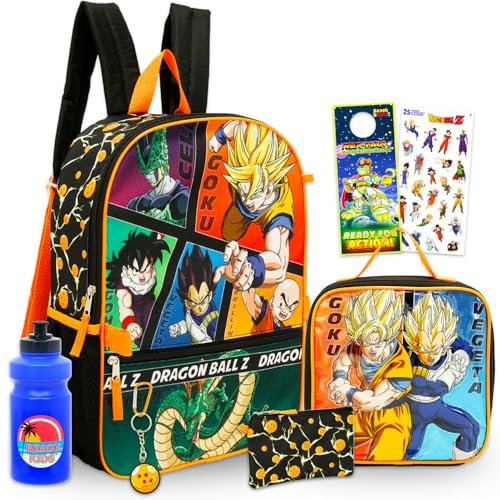 Dragon Ball Z Backpack with Lunch Box Set - Bundle with 16 Anime Backpack, Lunch Bag, Water Bottle, Pencil Case, Keychain, Stickers, More | Dragon Ball School Bag for Kids