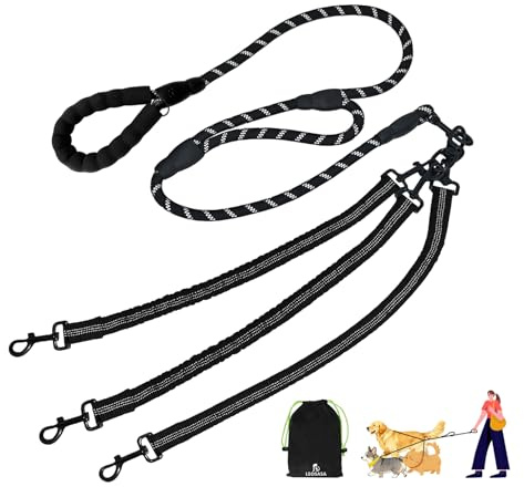 LEOSASA No Tangle Leash for 3 Dogs, 3-in-1 Leash with 360° Swivel & Shock Absorbing Bungee, Padded Handle No Tangle Walking Lead for Large Medium Small Dog