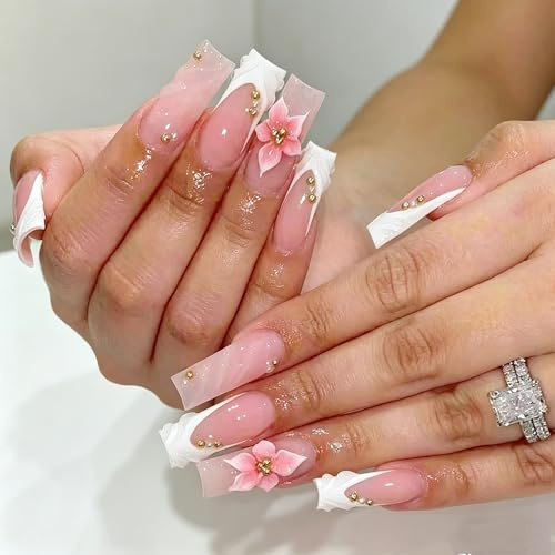 MouyouGlow Press on Nails Middle Lang,Square Weiß French 3D Blumen Floral Water Rib Design Pearl Fake Nails with Nail Glue,White Tips Flowers Sommer INS Sweet Artificial Fingernails