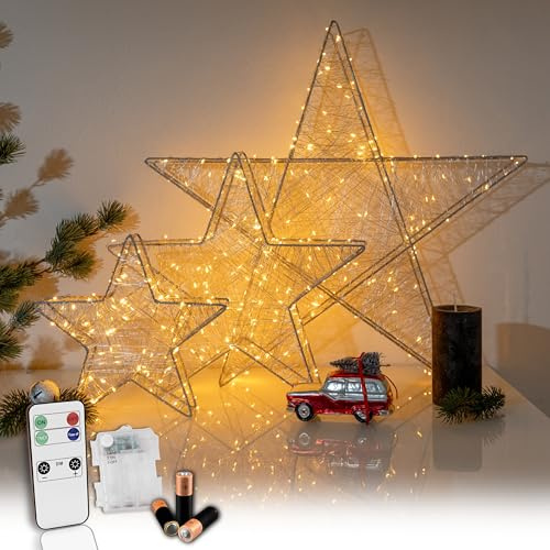 Batteriebetriebener LED Weihnachtsstern silber mit Fernbedienung & Timer - dimmbar - Dekostern beleuchtet mit warmweißen LEDs Innen und Außen Weihnachtsdeko Fensterdeko (Silber, 120 LEDs - B37xH36xT7)