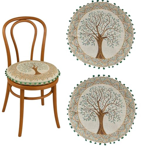 Marrakesch 2er Set Stuhlkissen Sitzkissen Braun Rund 40 cm | Bodenkissen Aus Baumwolle bestickt mit Baum des Lebens Motiv | Boho Kissen Guansha für Esszimmerstuhl Gartenstuhl als Esszimmer Balkon Deko