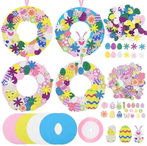 8 Pièces DIY Couronne de Paques, Kit de Bricolage de Pâques, Décoration Paquesaster Craft, Lapin de Pâques et Oeufs Décoration avec Autocollant en Mousse, Bricolage Lapin DIY Oeuf a Peindre