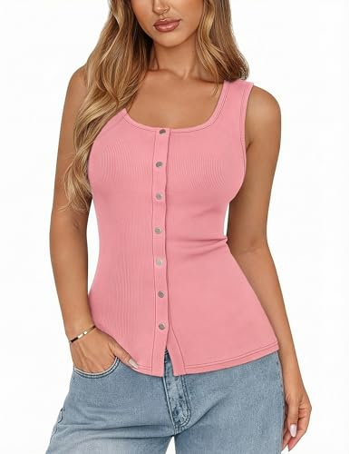 Aottori Top da Donna Senza Maniche Girocollo Canotta Estive a Coste Slim Fit con Bottoni Tank Tops Casual Sexy Canottiera Moda Rosa S