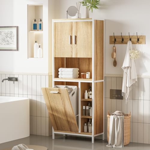 ELUCHANG Badezimmerschrank mit Wäschekorb,2 Waschmaschinen Schrank 2 in 1,Platzsparender Hochschrank mit Tür Ablagen Verstellbare Badschrank Für Badezimmer/Waschküche/Schlafzimmer,Oak+Weiß,63x30x162cm