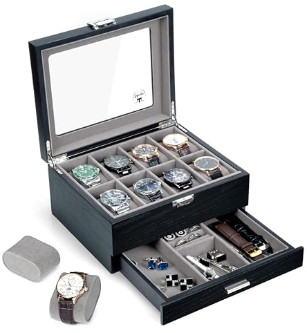 Slege Klockbox,Klocklåda Trä,med Glasfönster,2-nivås Klockdisplay Fodral för 8 Klockor,Klockfodral Trä,Klockställ för Män,1 Låda, för Ringar, Armbandsur,Armband,Presentidé,Present till Män Kvinnor