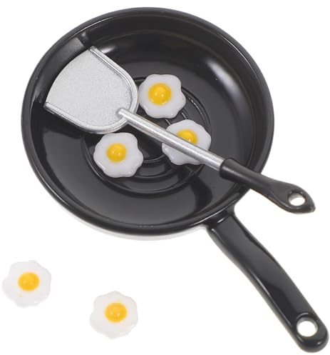 VICASKY Miniature Dollhouse Frying Pan with Fried Egg Model, Silver Mini Pan for Doll House Kitchen Supplies, Educational Pretend Play Cookware Accessory