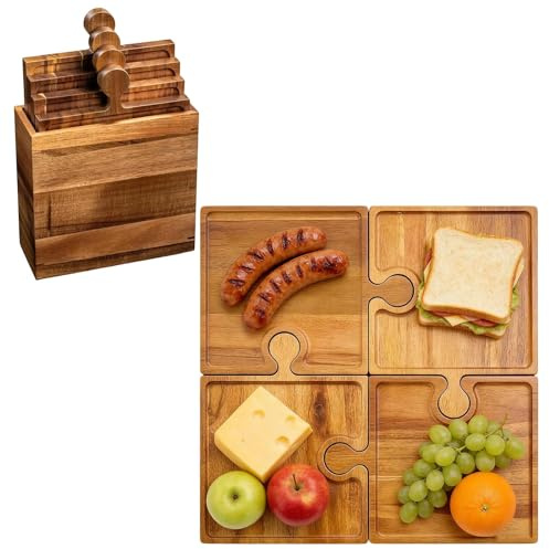 Tablas de charcutería, tabla de queso de bambú de 4 piezas, plato de charcutería en forma de rompecabezas para servir carne, tabla de cortar redonda con mango de paleta para fiesta de cocina