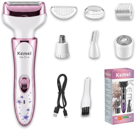 KEMEI Afeitadora Eléctrica Mujer 4 en 1, Depiladora Facial y Recortadora Corporal, USB-C Recargable, Rasuradora Mujer para Bikini, Nariz, Cejas, Axilas y Piernas-Depilación Suave y Precisa, Rosa