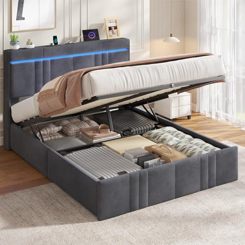 AOGLLATI Letto Matrimoniale con Contenitore 140x190 Letto Contenitore Matrimoniale Con LED Letto Contenitore Idraulico con Stazione Di Ricarica Struttura Letto con Testiera Imbottita Velluto Grigio