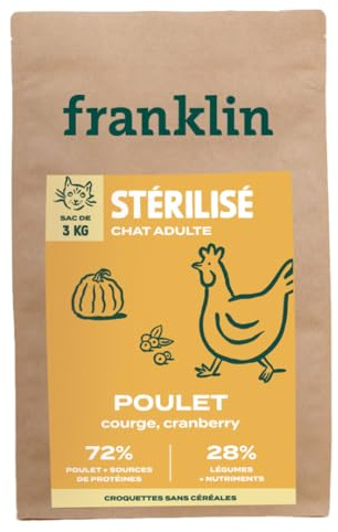 FRANKLIN – Croquette Chat Stérilisé – sans Céréales – 63% Poulet – 3 kg | Viande Fraiche – Riche en Protéines – Faible en Matière Grasse