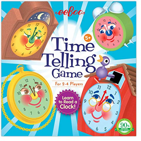 eeBoo: Time Telling Game, Learn to Read a Clock, 50 Game Cards with 4 Clocks and Score Pad, for 2-4 Players, Ages 5 and up