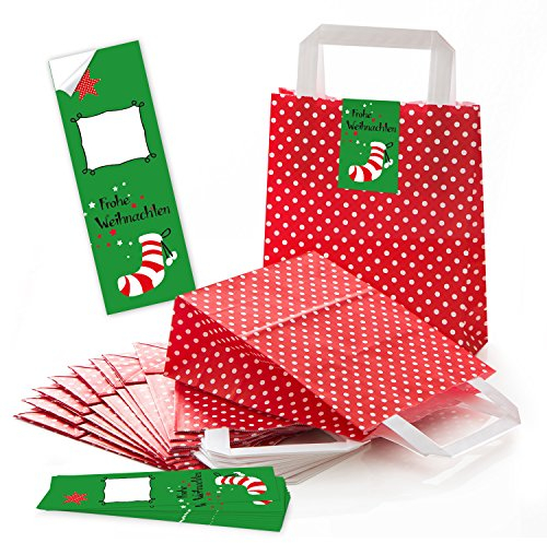 Logbuch-Verlag 10 kleine weihnachtliche Geschenktaschen mit Henkel Papier + Sticker 18 x 8 x 22 cm Papiertragetasche Weihnachten Verpackung rot grün