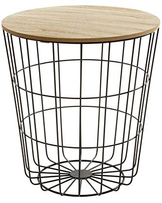 Wohnando Beistelltisch Korb Metall & Holzdeckel - Schwarz 41,5 cm