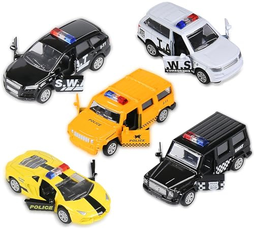 KIDAMI Die Cast Metal Toy Cars Set of 5, Little Openable Doors Pull Back Car Gift Pack for Kids (Police car)